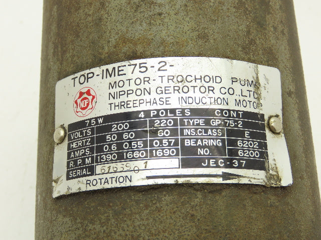 Nippon Gerotor TOP-IME75-2-10MA Hydraulic Trochoid Pump & Motor 1690 RPM 230V