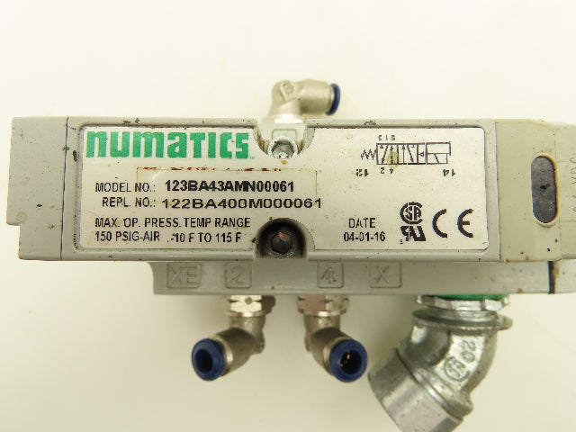 Numatics 123BA43AMN00061 Pneumatic Solenoid Valve w/Manifold Base 24VDC