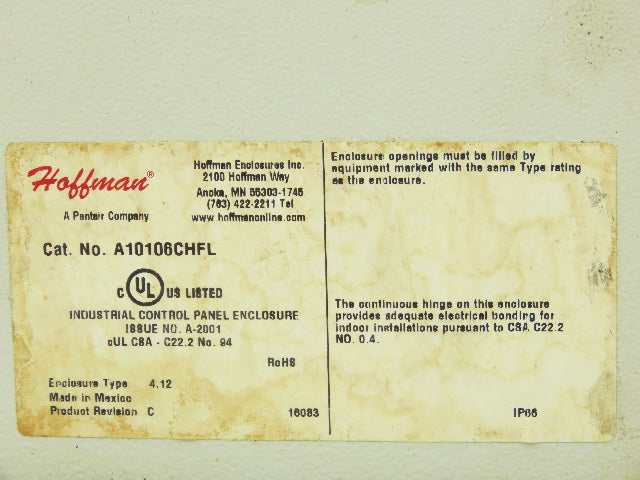 Hoffman A10106CHFL Electrical Enclosure Junction Box 10x10x6"