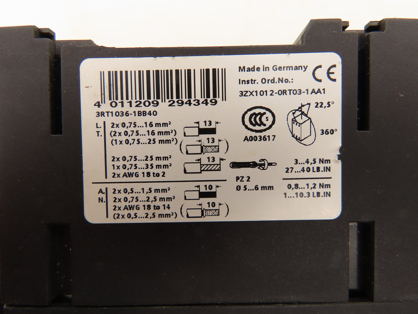 Siemens 3RT1036-1BB40 Motor Starter Contactor 460VAC 40HP Aux Relay 24VDC Coil