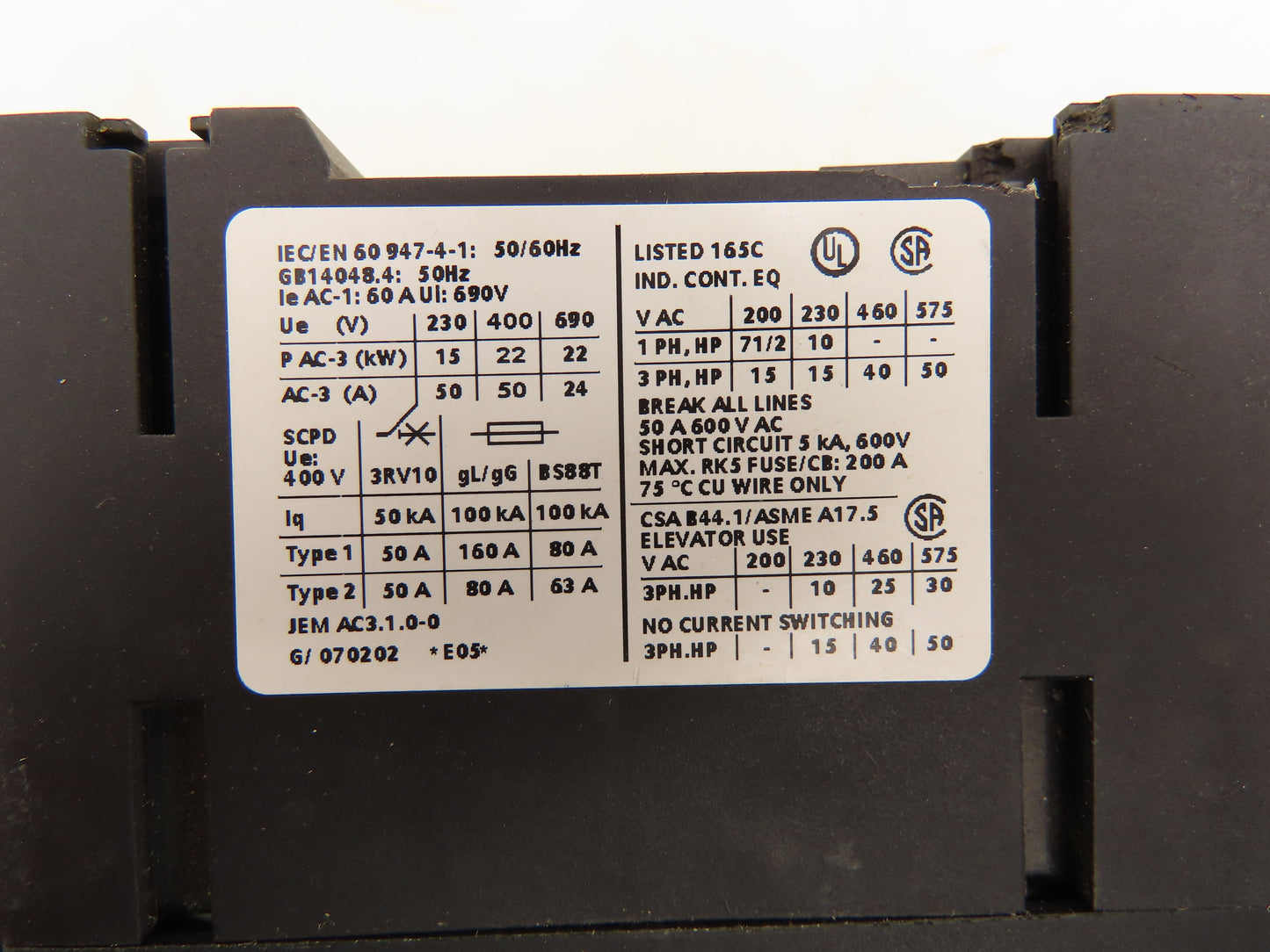 Siemens 3RT1036-1BB40 Motor Starter Contactor 460VAC 40HP Aux Relay 24VDC Coil