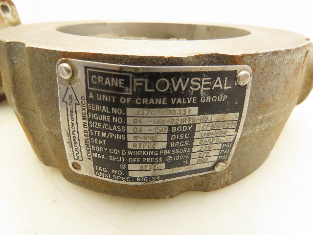Crane 04-1WA-221RTG-H0J Flowseal Butterfly Valve 375 PSI Max 4"