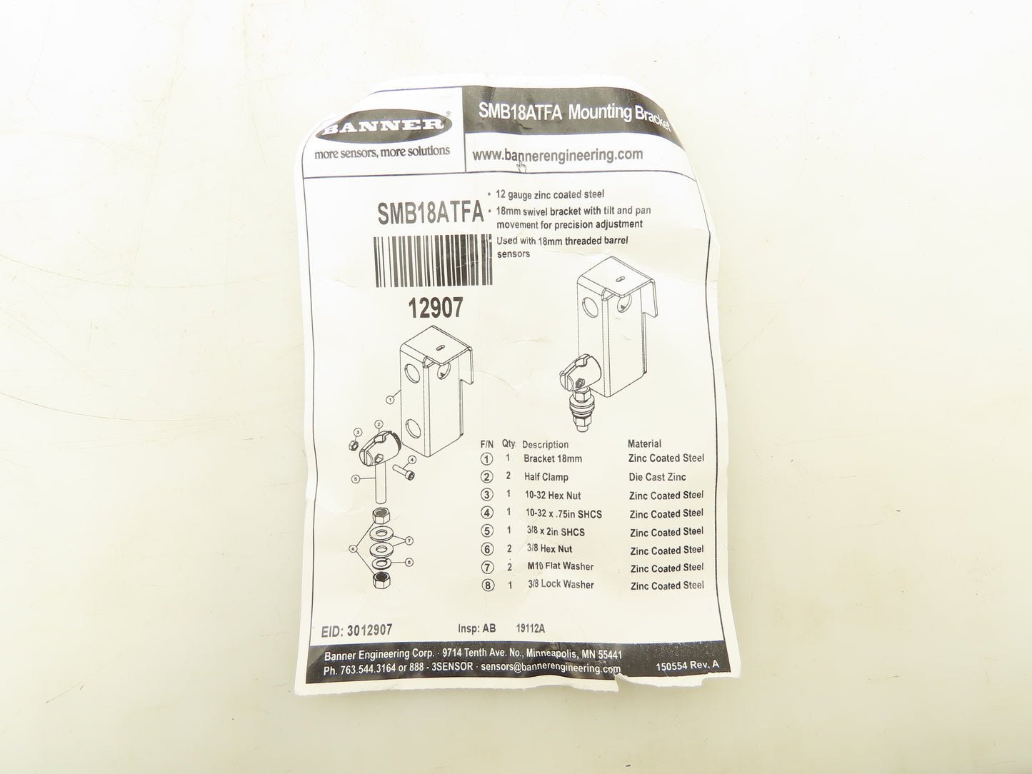 Banner QS18VP6LPQ5 Photoelectric Sensor W/ Mounting Bracket Reflector