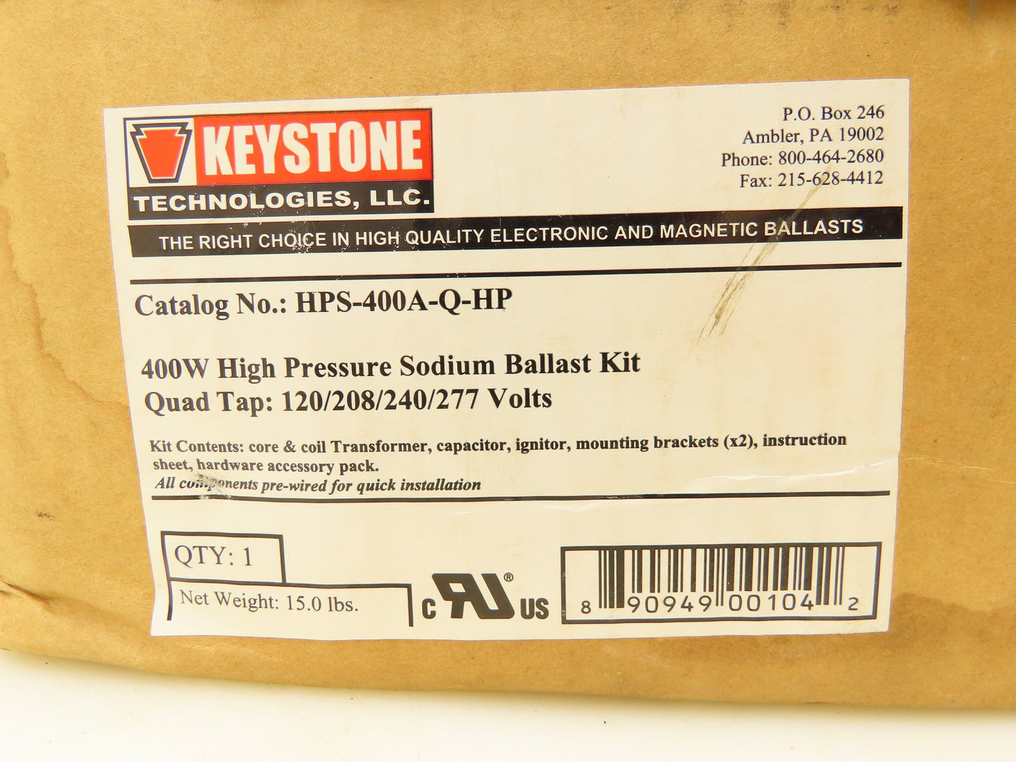 Keystone HPS-400A-Q-HP Ballast Kit 400W High Pressure Sodium Quad Tap 120-277V