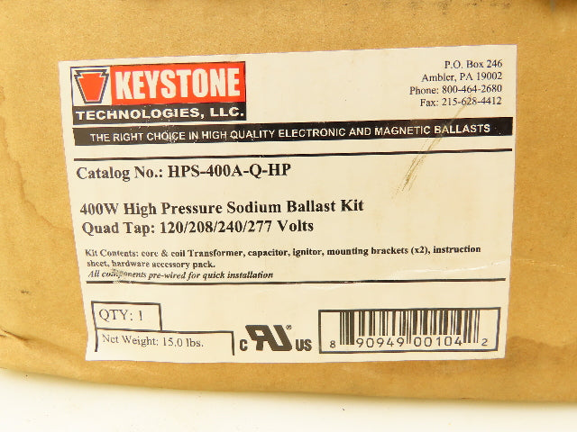 Keystone HPS-400A-Q-HP Ballast Kit 400W High Pressure Sodium Quad Tap 120-277V