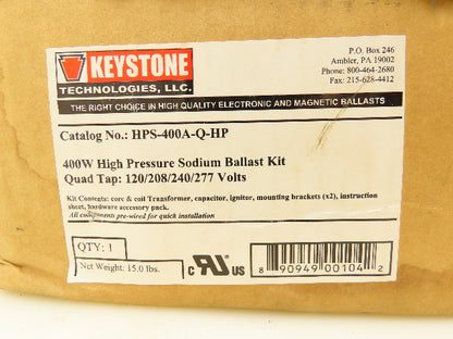 Keystone HPS-400A-Q-HP Ballast Kit 400W High Pressure Sodium Quad Tap 120-277V
