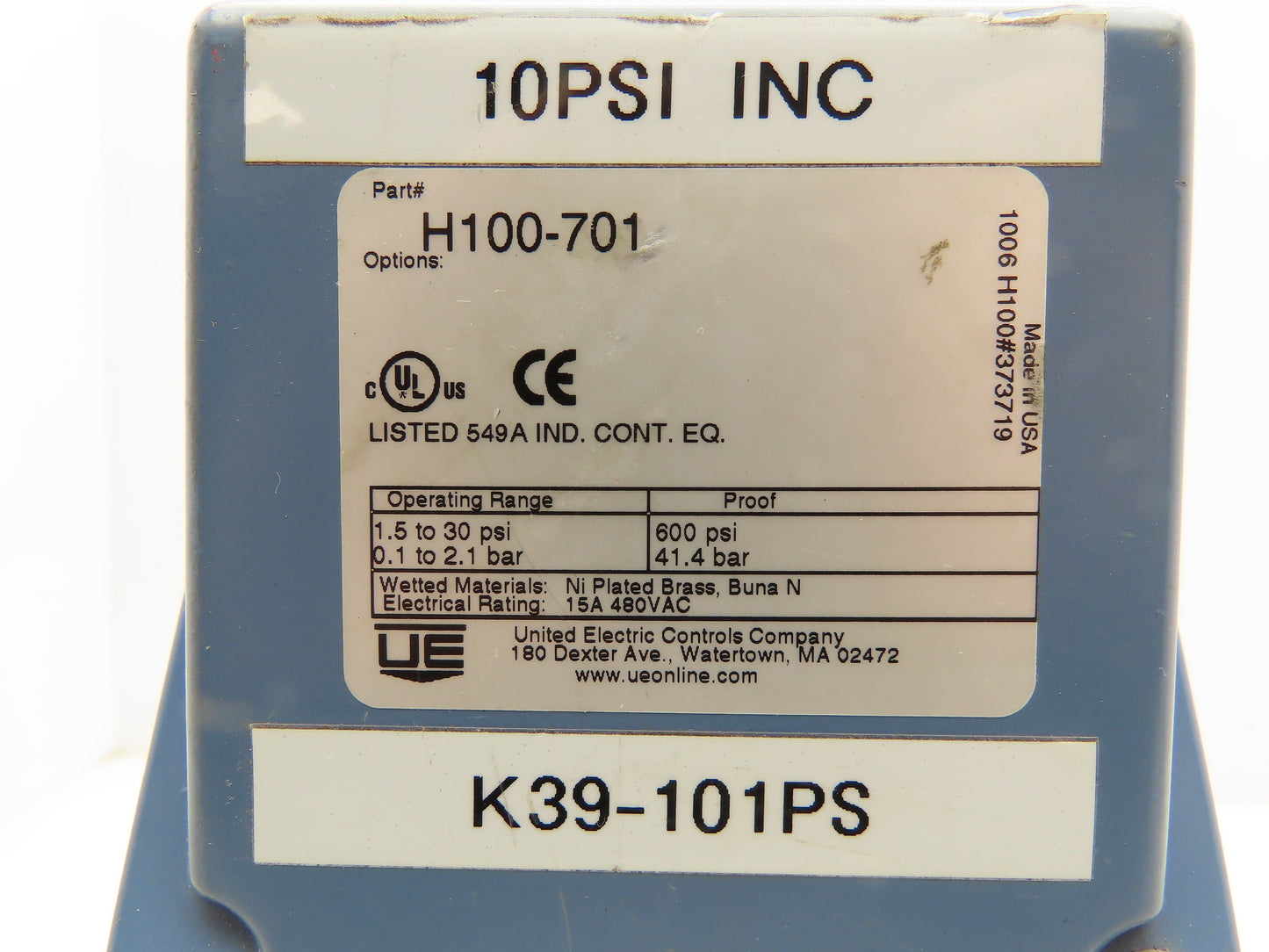 United Electric H100-701 Pressure Switch 1.5-30PSI 600PSI Proof Diaphragm Seal
