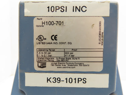 United Electric H100-701 Pressure Switch 1.5-30PSI 600PSI Proof Diaphragm Seal