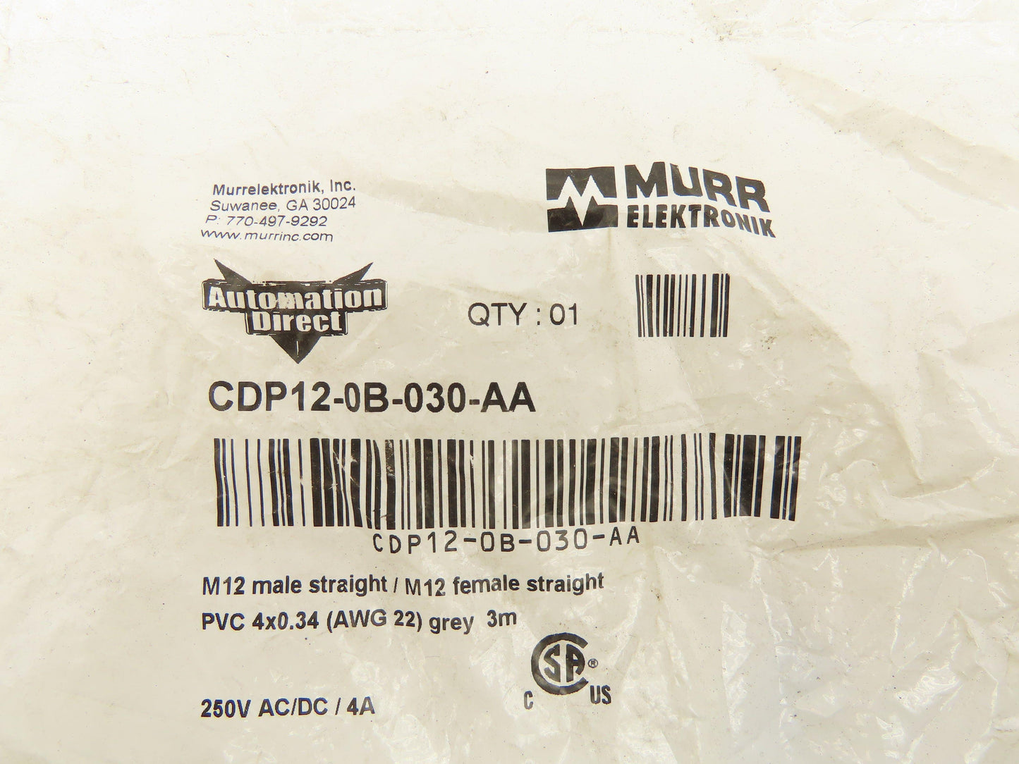 Automation Direct/Murr Elektronik CDP12-0B-030-AA Patch Cable M12 3M Lot Of 2