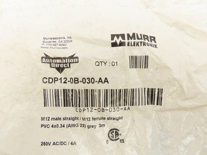 Automation Direct/Murr Elektronik CDP12-0B-030-AA Patch Cable M12 3M Lot Of 2