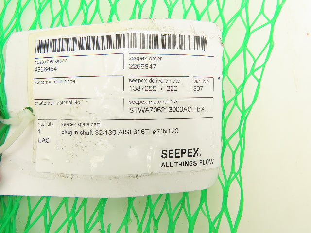 Seepex 62/130 AISI 316T Stainless Plug-In Shaft 70x120mm Progressive Cavity Pump
