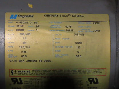 MagneTek Century E-Plus AC Motor 7.5HP 1435 RPM 208-230/400V 3PH 50HZ