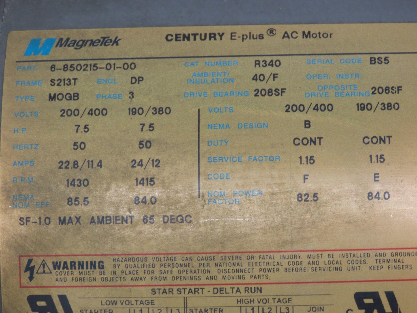 MagneTek Century E-Plus AC Motor 7.5HP 1435 RPM 208-230/400V 3PH 50HZ