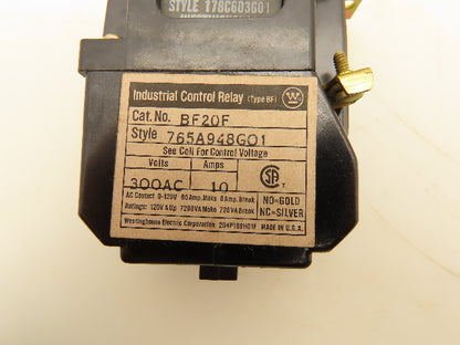 Westinghouse BF20F Industrial Control Relay 300VAC 10A 2 Pole 2NO 0NC
