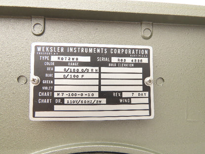 Weksler ROT2W9 Temperature Chart Recorder 110V 8W Chart W7-100-0-10 REV. 7 Day