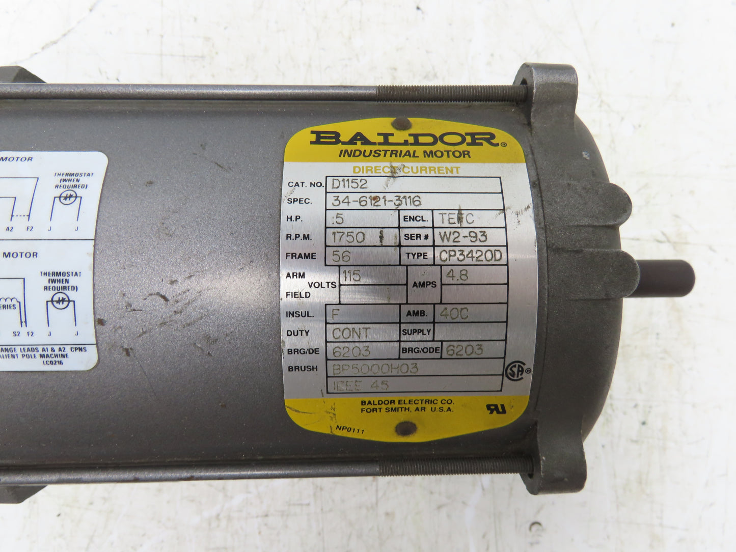 Baldor D1152 Direct Current DC Motor 1/2HP 1750 RPM 115V 4.8A 56 Frame