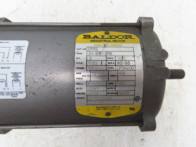 Baldor D1152 Direct Current DC Motor 1/2HP 1750 RPM 115V 4.8A 56 Frame