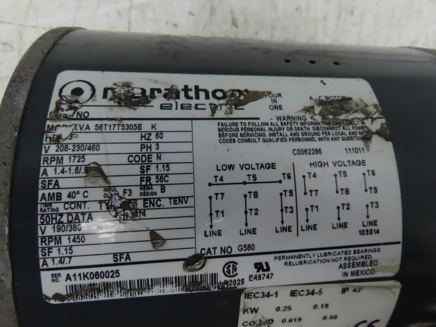 Marathon Electric 56T17T5305E AC Motor 1/3HP 1725 RPM 208-230/460V 3PH 56C