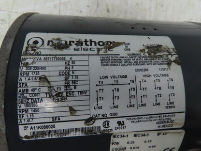 Marathon Electric 56T17T5305E AC Motor 1/3HP 1725 RPM 208-230/460V 3PH 56C