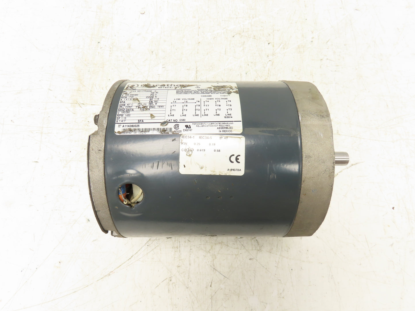 Marathon Electric 56T17T5305E AC Motor 1/3HP 1725 RPM 208-230/460V 3PH 56C