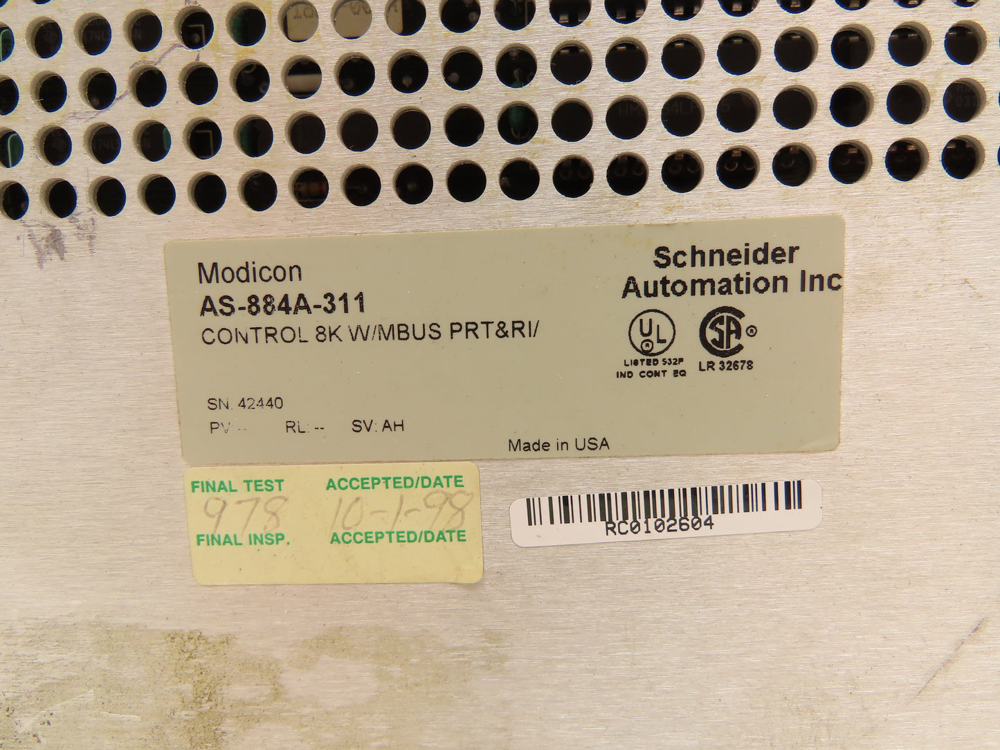 Schneider AS-884A-311 Modicon PLC Control Module 8K MBUS Port & Rio