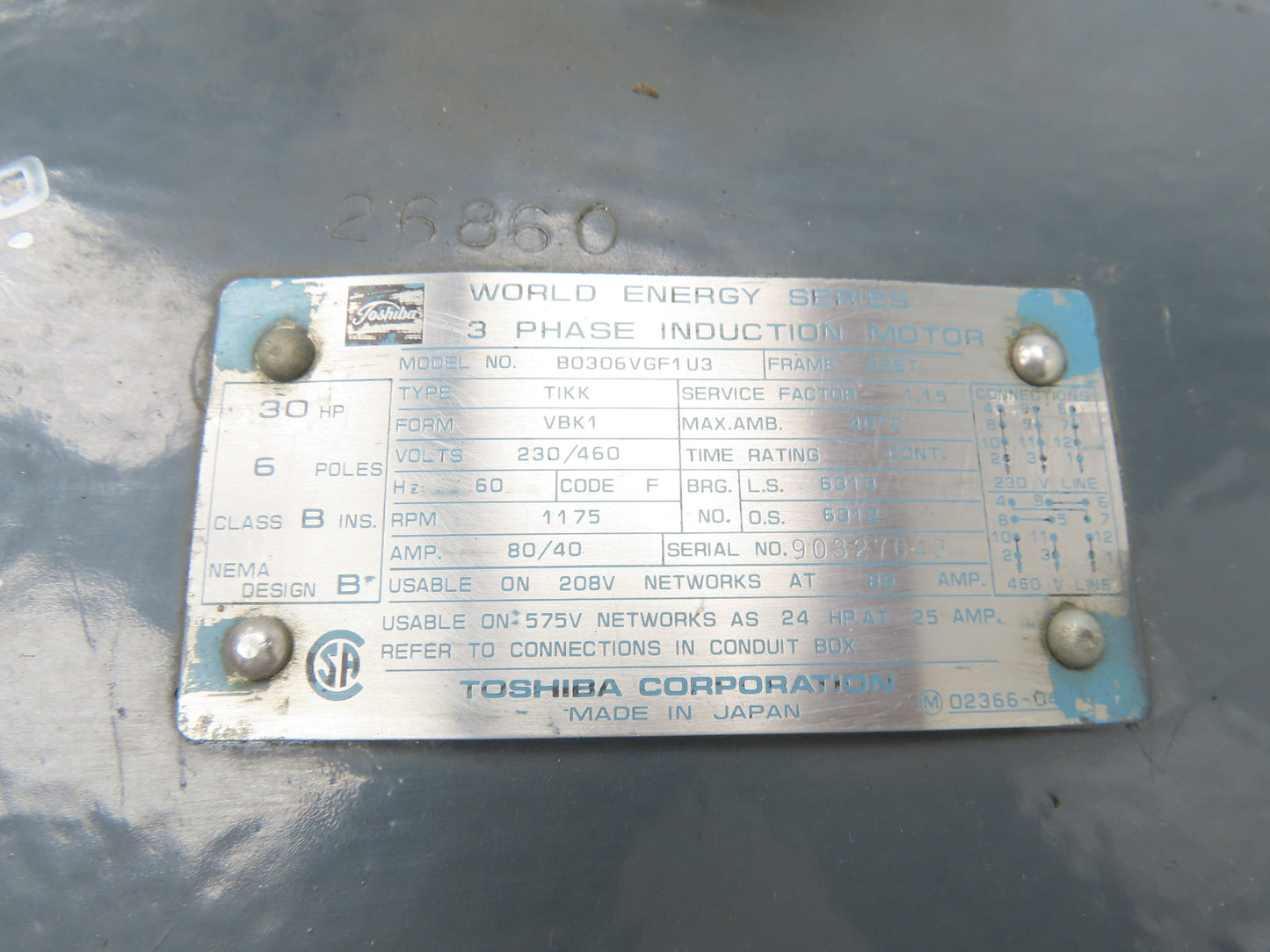 Toshiba B0306VGF1U3 World Energy Motor 30Hp 1175 RPM 230/460V 3PH 326T TIKK VBK1