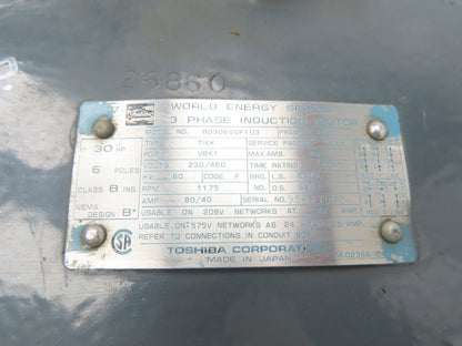 Toshiba B0306VGF1U3 World Energy Motor 30Hp 1175 RPM 230/460V 3PH 326T TIKK VBK1