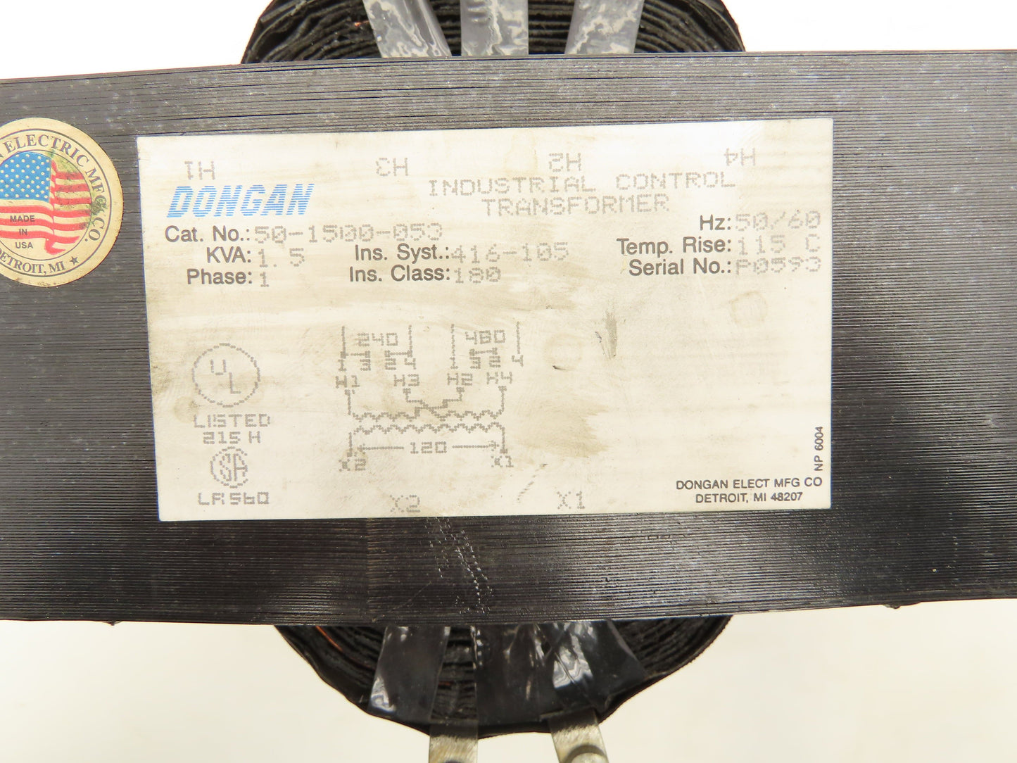 Dongan 50-1500-053 Industrial Control Transformer 1.5KVA 1PH 240-480VAC 120VAC