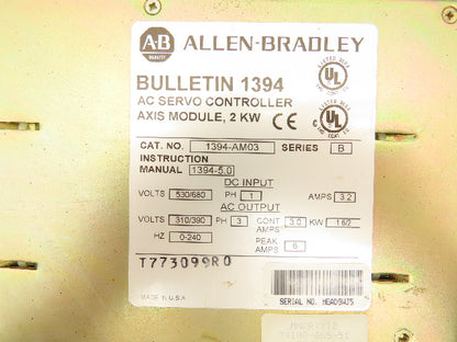 Allen Bradley 1394-AM03 Axis Module 2Kw 310/390VAC 530/680VDC 1 & 3 PH 3-6A