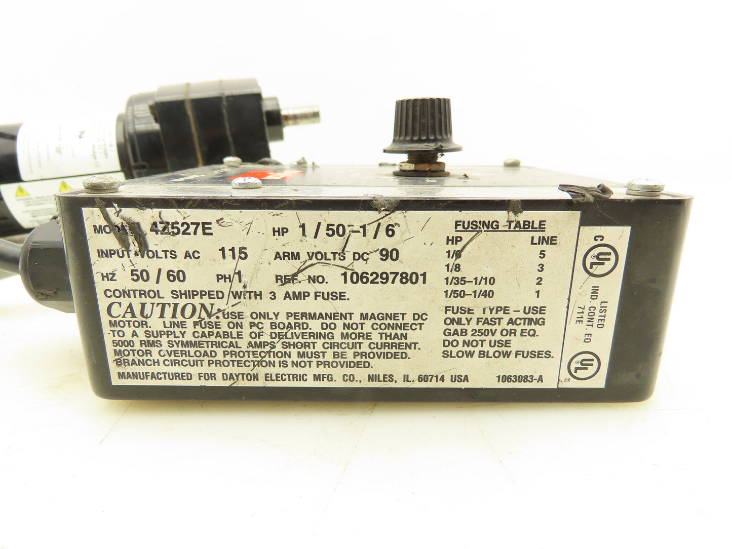 Dayton 6Z911B DC Gearmotor 90V 1/40Hp 362:1 Reducer 5 RPM w/Speed Control 4Z527E