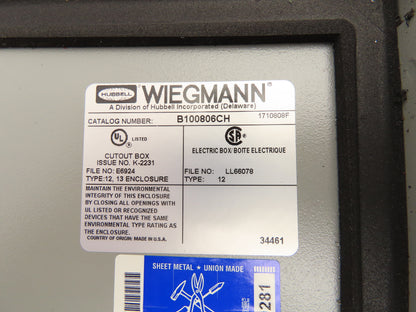 Wiegmann B100806CH Wall Mount Electrical Enclosure 10x8x6" With Disconnect