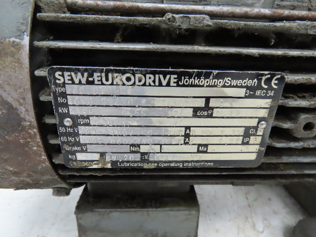 Sew-Eurodrive R60 DT80K4 Inline Gearmotor .55kW 240/480V 3PH 89:1 Reducer 18 RPM