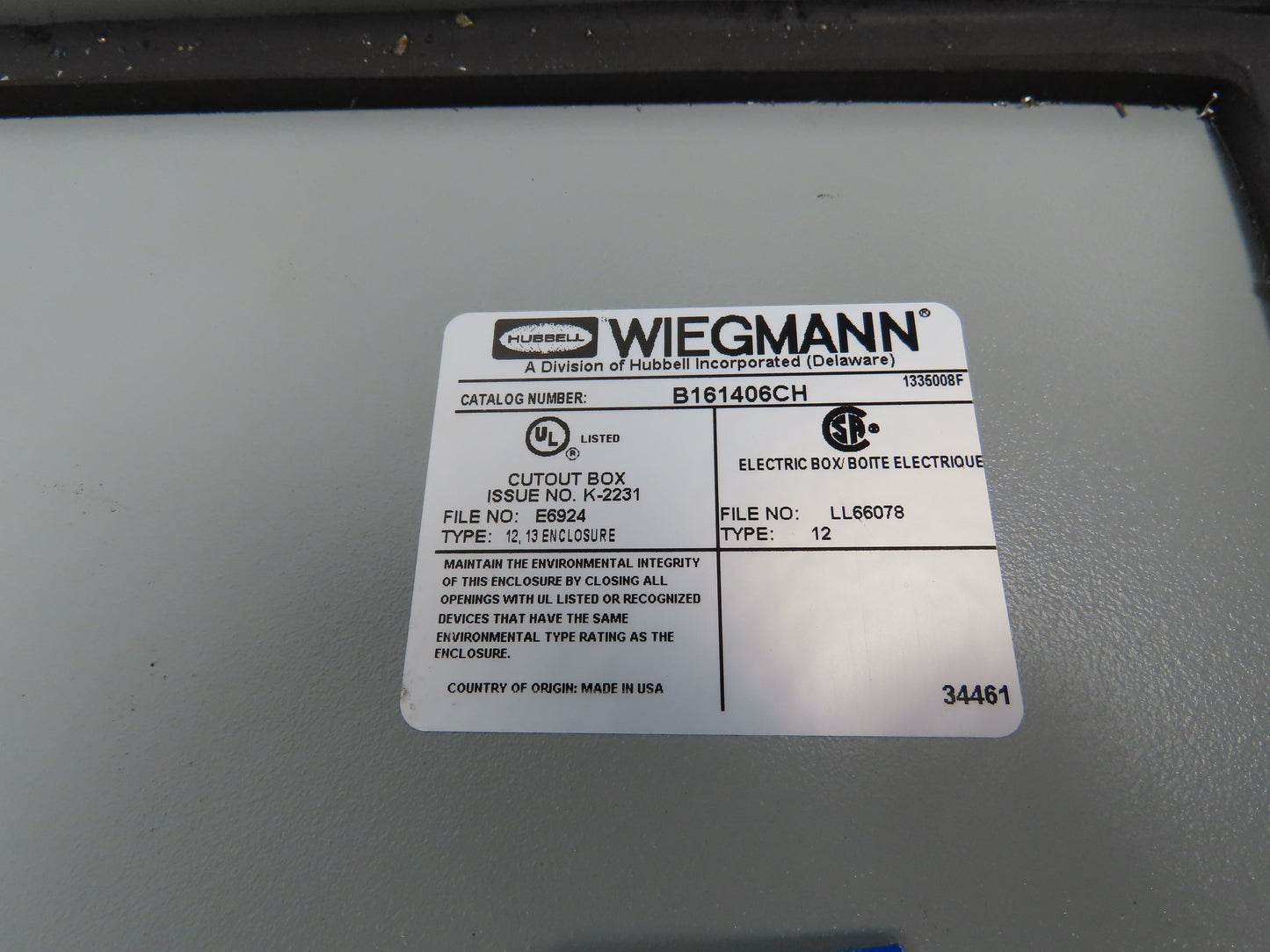 Wiegmann B161406CH Electrical Enclosure Control Panel with Backplate 16x14x6"