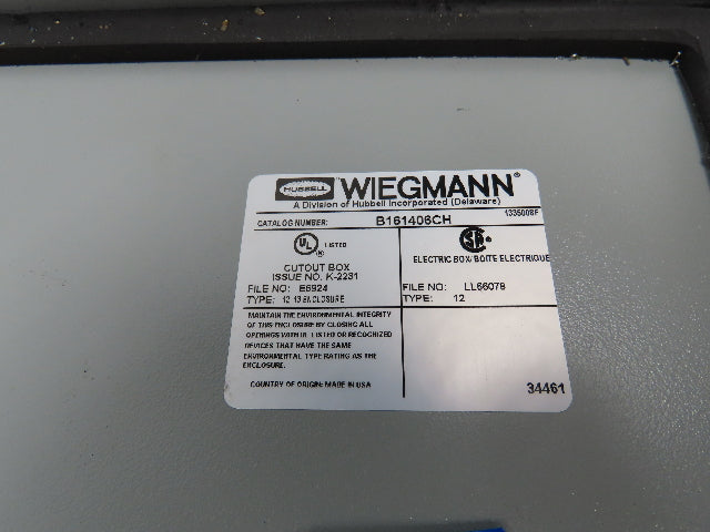 Wiegmann B161406CH Electrical Enclosure Control Panel with Backplate 16x14x6"