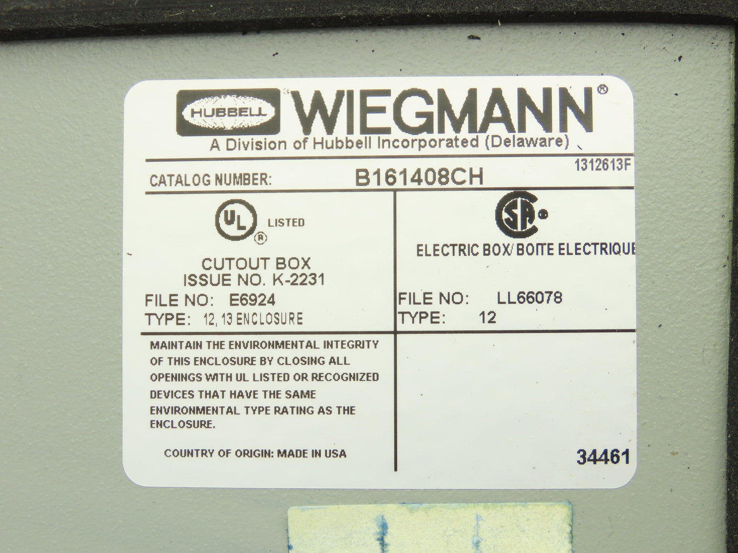 Wiegmann  B161408CH Electrical Enclosure Control Panel 16x14x8" Back Plate