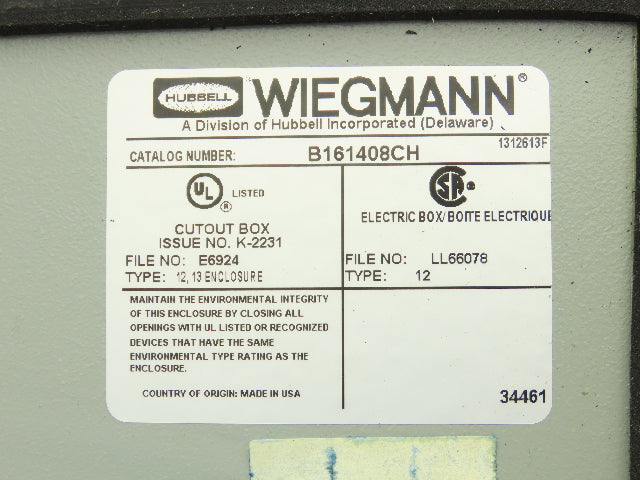 Wiegmann  B161408CH Electrical Enclosure Control Panel 16x14x8" Back Plate