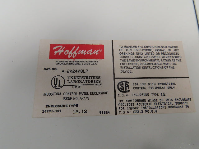 Hoffman A202408LP Electrical Enclosure Control Panel 20x24x8" Back Plate