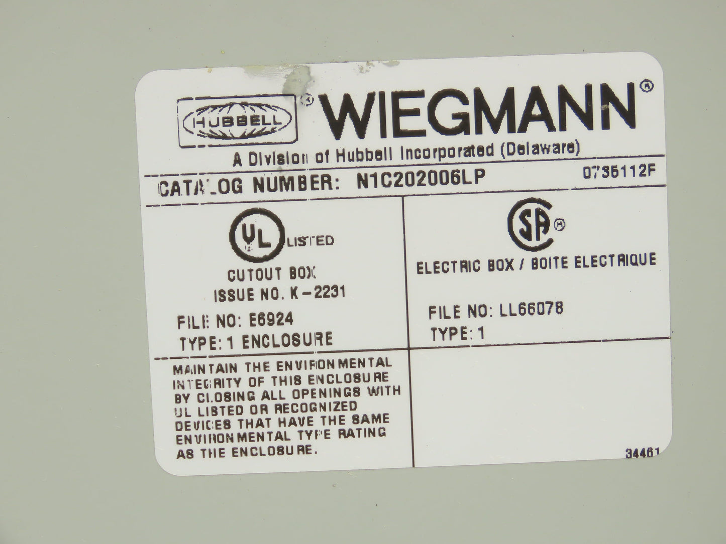 Wiegmann N1C202006LP Electrical Enclosure JIC Panel 20x20x6"