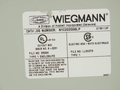 Wiegmann N1C202006LP Electrical Enclosure JIC Panel 20x20x6"