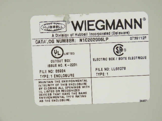 Wiegmann N1C202006LP Electrical Enclosure JIC Panel 20x20x6"
