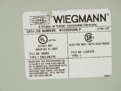 Wiegmann N1C202006LP Electrical Enclosure JIC Panel 20x20x6"