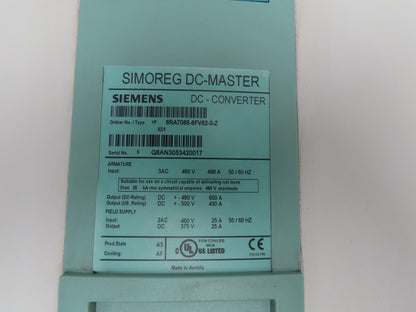 Siemens 6RA7085-6FV62-0-Z Simoreg 6RA70DC DC Master Converter 500VDC Drive 430A