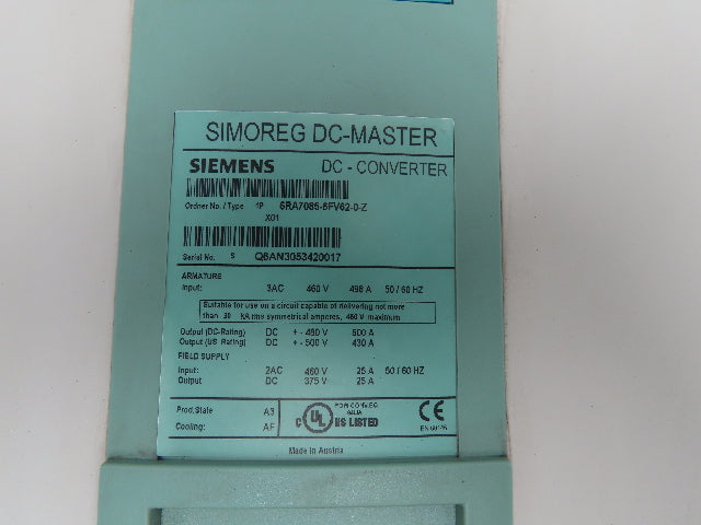 Siemens 6RA7085-6FV62-0-Z Simoreg 6RA70DC DC Master Converter 500VDC Drive 430A