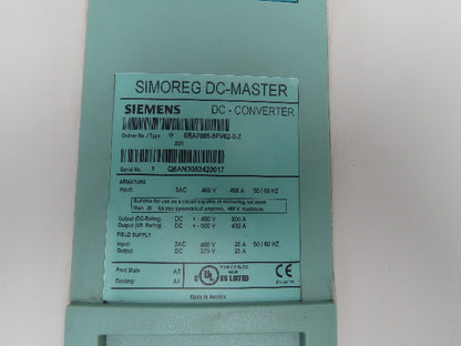 Siemens 6RA7085-6FV62-0-Z Simoreg 6RA70DC DC Master Converter 500VDC Drive 430A