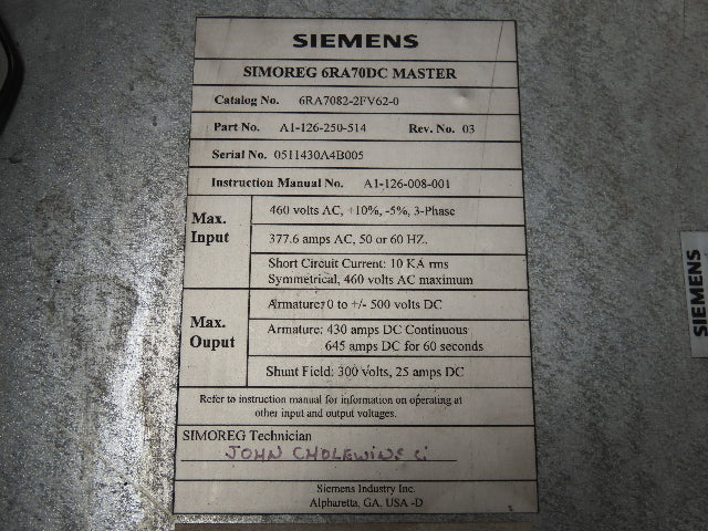 Siemens 6RA7085-6FV62-0-Z Simoreg 6RA70DC DC Master Converter 500VDC Drive 430A