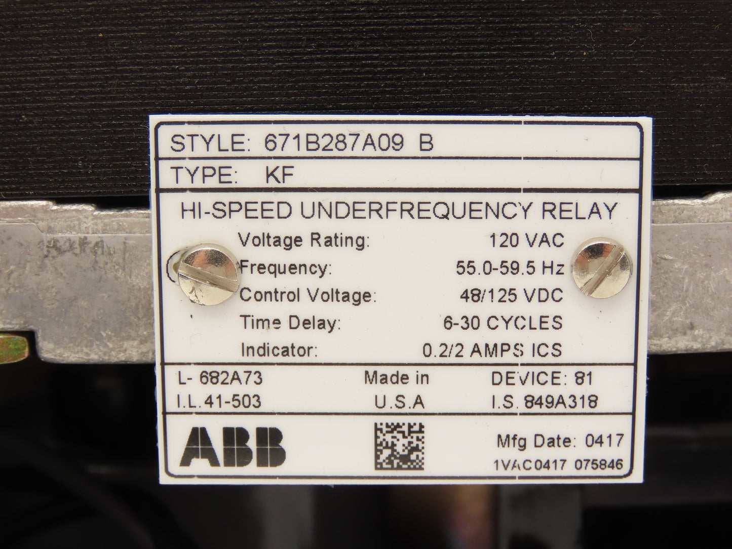 ABB 671B287A09B High-Speed Under Frequency Relay Type KF 120V