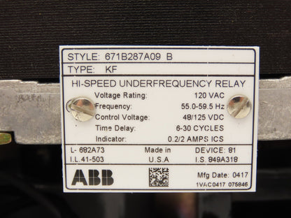 ABB 671B287A09B High-Speed Under Frequency Relay Type KF 120V