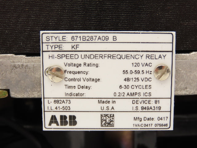 ABB 671B287A09B High-Speed Under Frequency Relay Type KF 120V