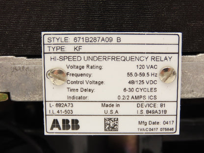 ABB 671B287A09B High-Speed Under Frequency Relay Type KF 120V