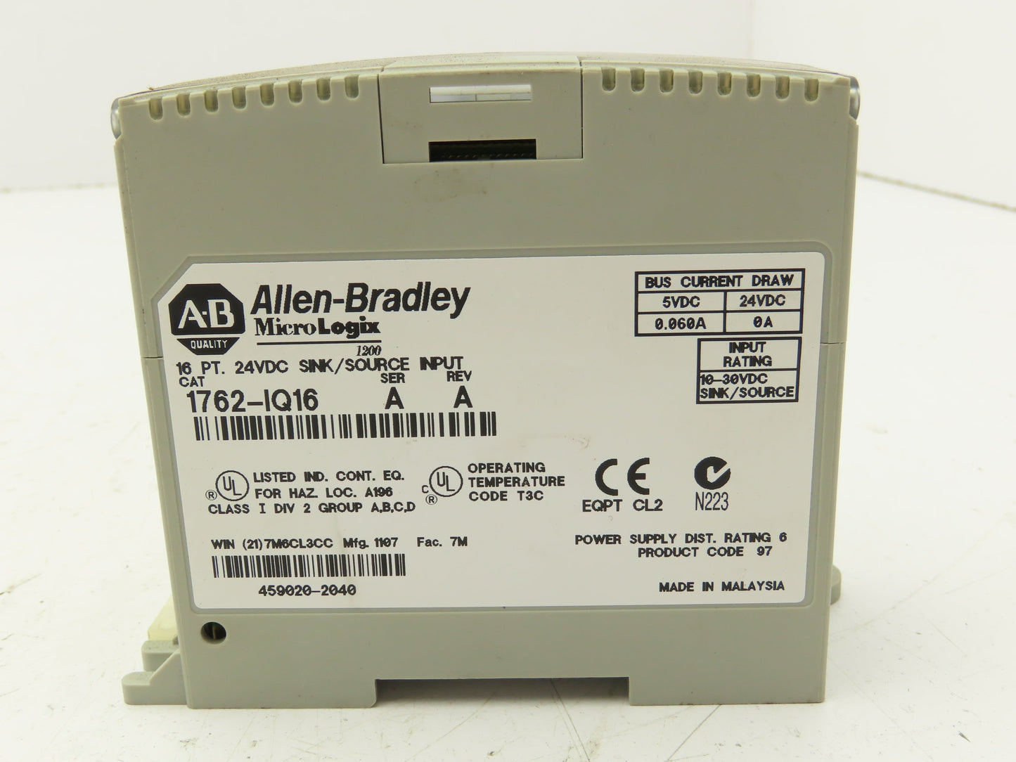 Allen Bradley 1762-IQ16 MicroLogix Sink/Source Input Module 16 Point 24VDC